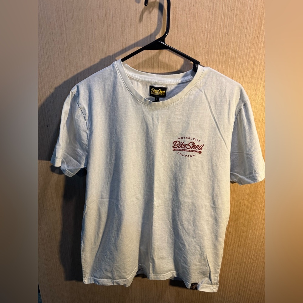 Men’s Bike Shed Motorcycle Club White and Red T-Shirt for Men Size Large